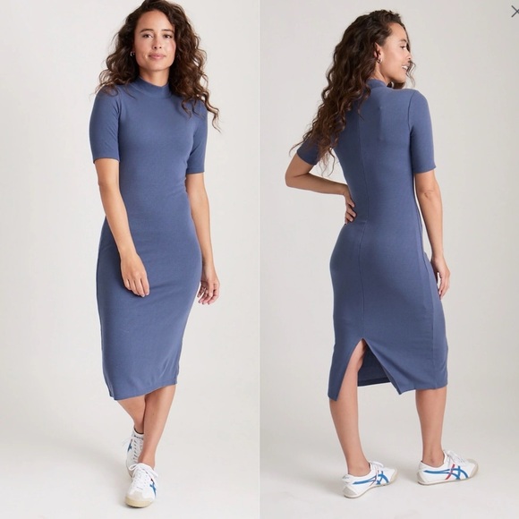 Marine Layer Lexi Rib Mock Neck Midi Dress Vintage Indigo NWT Size Large - Picture 1 of 7